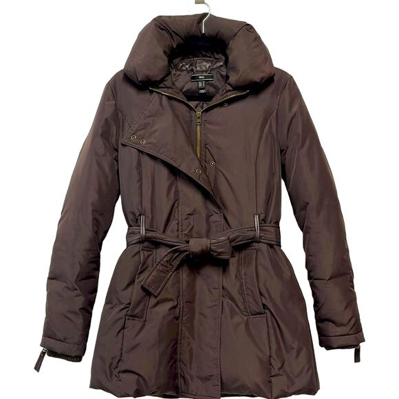 Mango MNG chocolate‎ brown down duck feather filled fall winter tie coat Sz S - Picture 1 of 11
